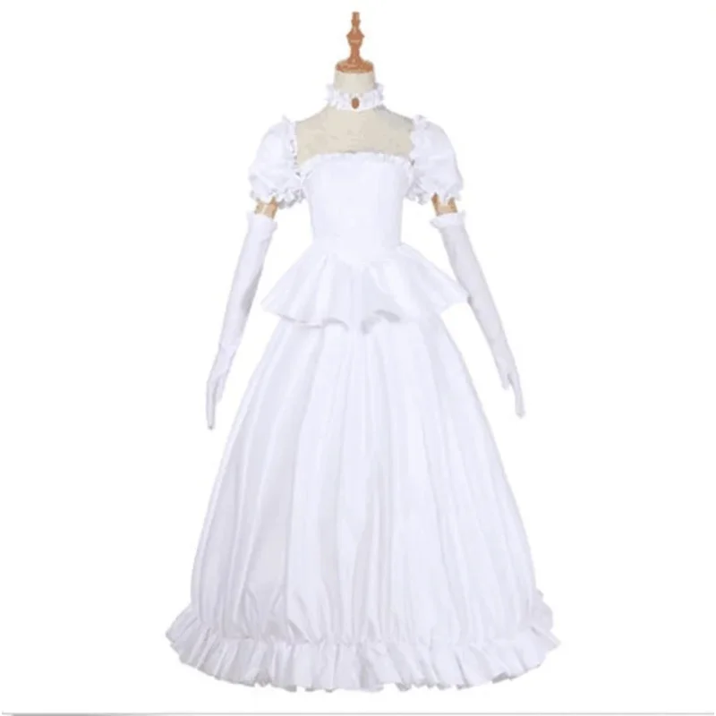 Boutte King Boo Cosplay Costume Princess Koopa White Dress with Gloves Lolita Halloween Carnival Dress Long Silver Straight Wig