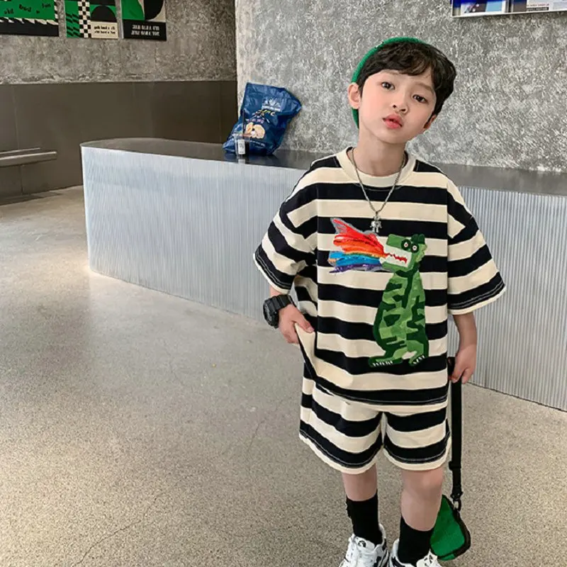 Boy's Suit Striped Cartoon Fire-Breathing DragonTShort-sleeve shirt and shorts25Summer New Foreign Trade Children's Wear Deliver