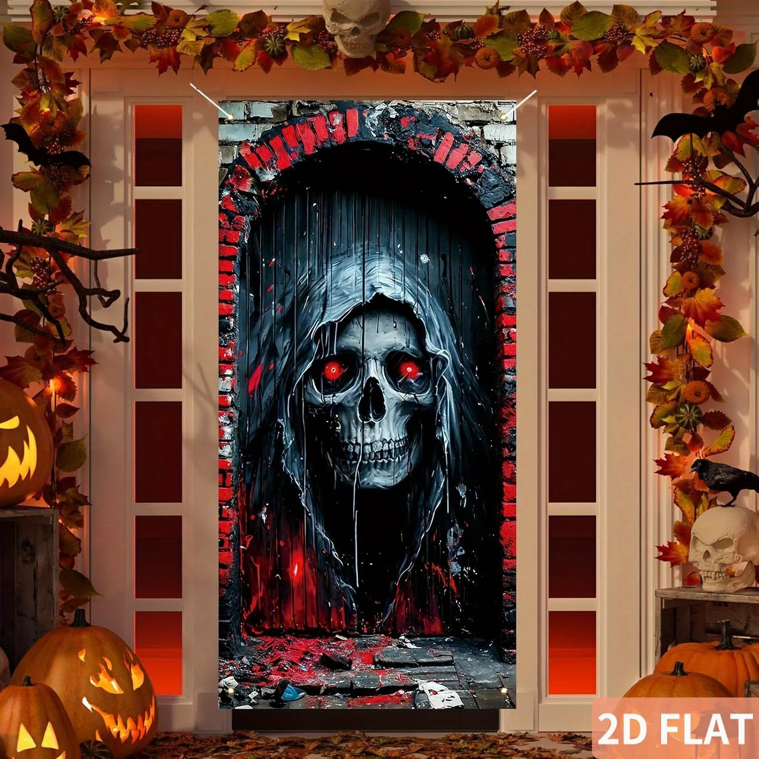 Flaga zewnętrzna 2D płaski szkielet czaszka, nakładka na drzwi na Halloween, straszna horrorowa impreza, baner na gank z czaszkami z filmów grozy