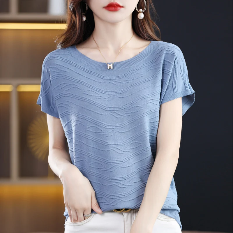 Round Neck Ice Silk Short Sleeved Women's Korean Summer Thin Solid Color Loose Top T-Shirt