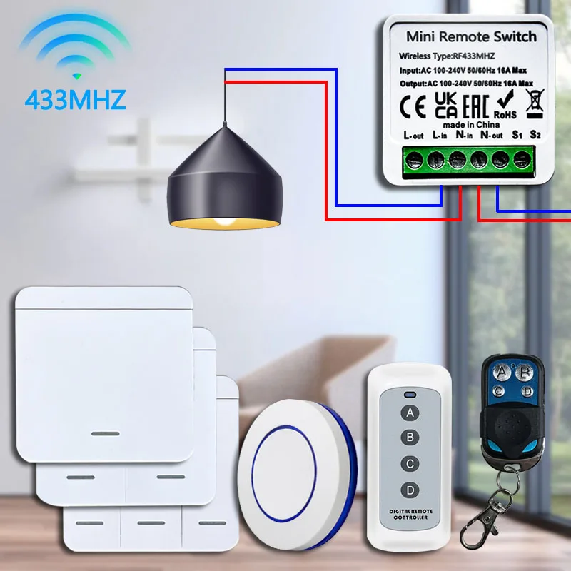 Wireless RF433 Smart Switch Relay Module 1/2/3 Gang Wall Switch 4 Key Mini Remote LED Lamp Fan Smart Lights Controller 110V 220V