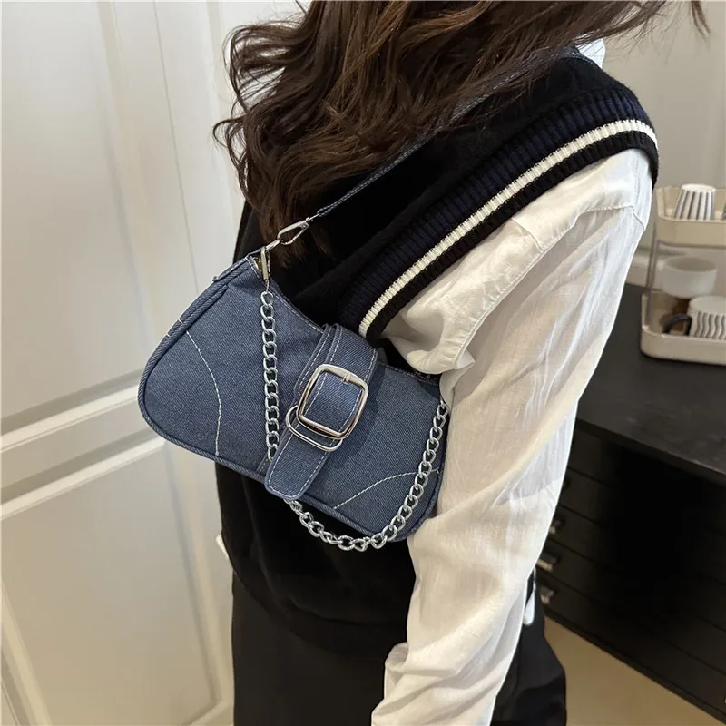 Casual Thread Design Women's Denim Shoulder Bags Simple Y2k Cool Girls Chain Underarm Bag Portable Female Square Phone Handbags