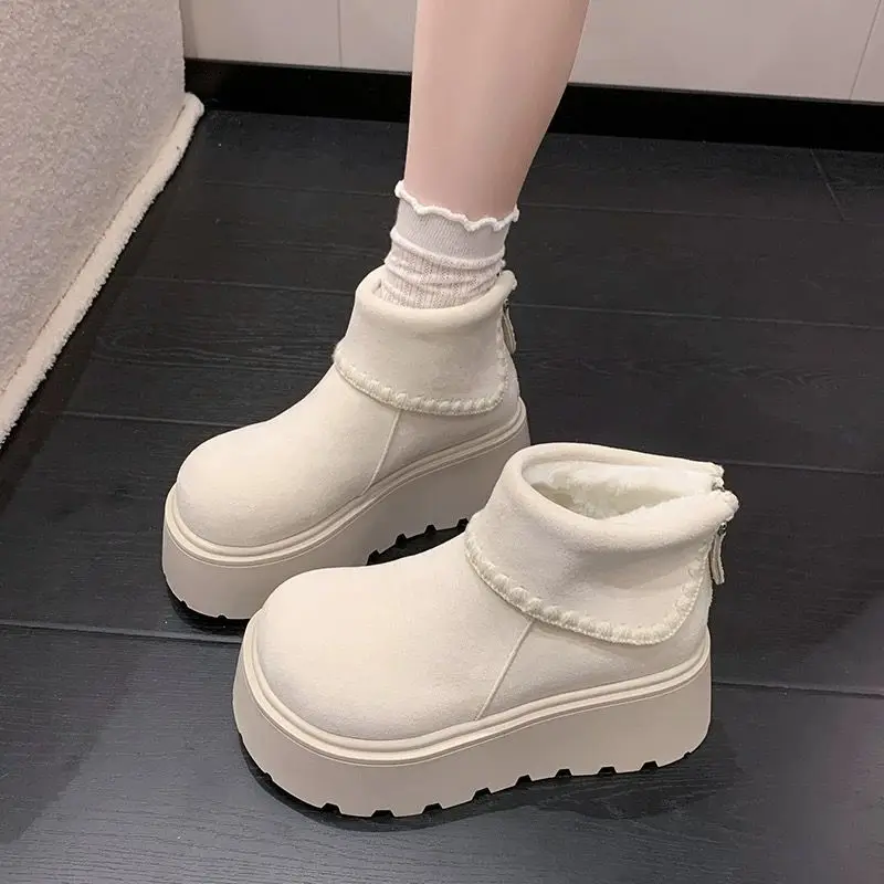 

Women's White Thick Bottom Heightening Snow Boots Autumn Winter New Style Versatile Short Boots Fleece Thickened Cotton Shoes