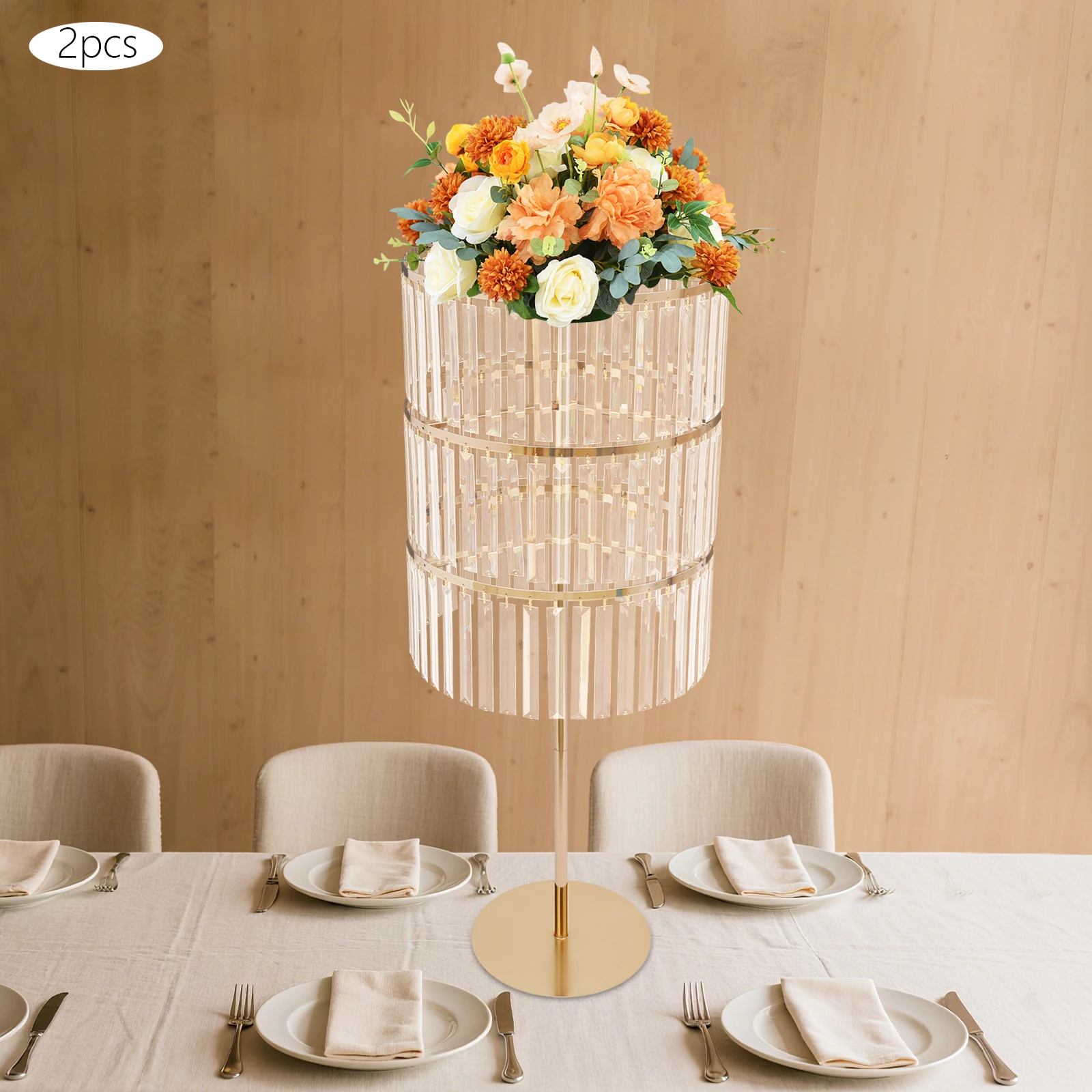 

Crystal Flower Stand, 2 Pcs Gold 3-Tier Ice Curtain Floral Arrangement Holder, Wedding Party Centerpiece Decor