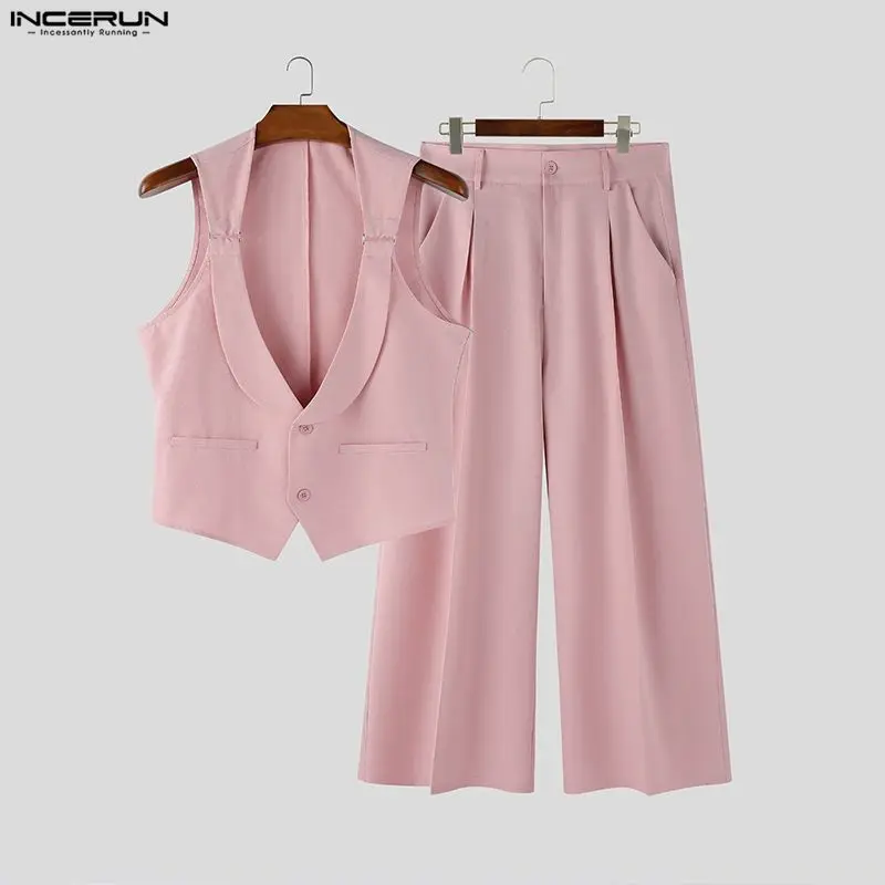 INCERUN Men's Sets Solid Elegant Sleeveless Vests Wide Leg Pants 2 Piece Sets Streetwear Stylish Men Matching Sets Tracksuits