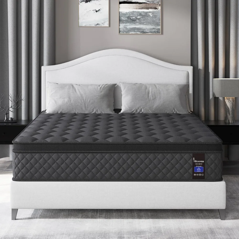 Queen Mattress, 14 Inch Hybrid Mattress Black, Euro Top Mattress Medium Firm for Back & Lumbar Support