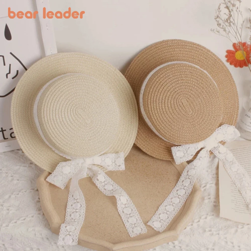 Bear Leader New Summer Children's Straw Hats Baby Girls Breathable Lace Cap Bow Beach Sun Hat Kids Princess Travel Sunshade Hat