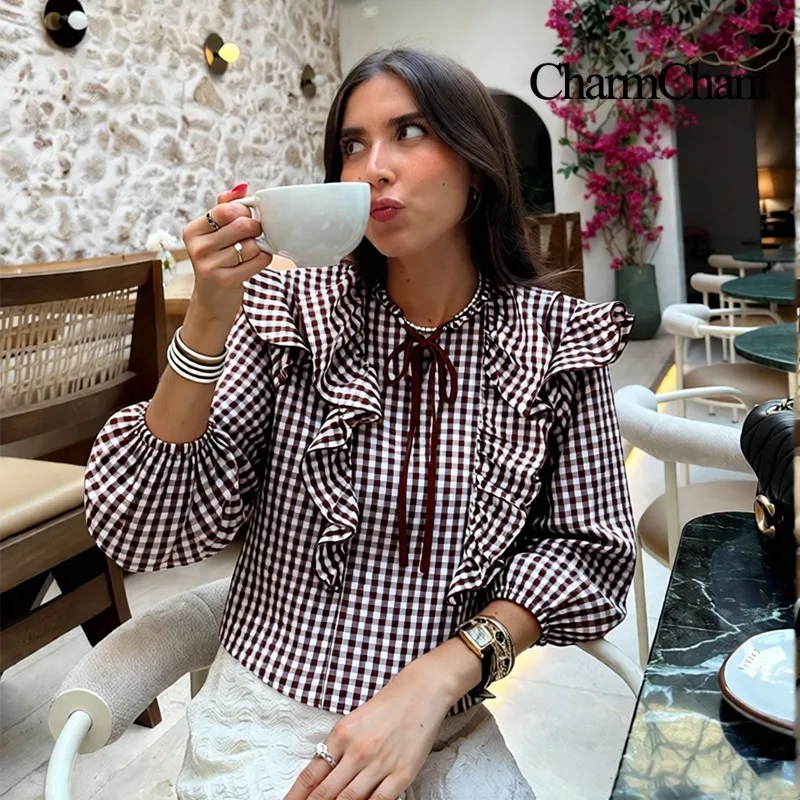 CharmChant Women's Cotton Gingham Cropped Ruffle Tie Neck Blouse Spring Autumn 2026 Chic Modern Long Sleeve Shirt Tops for Woman