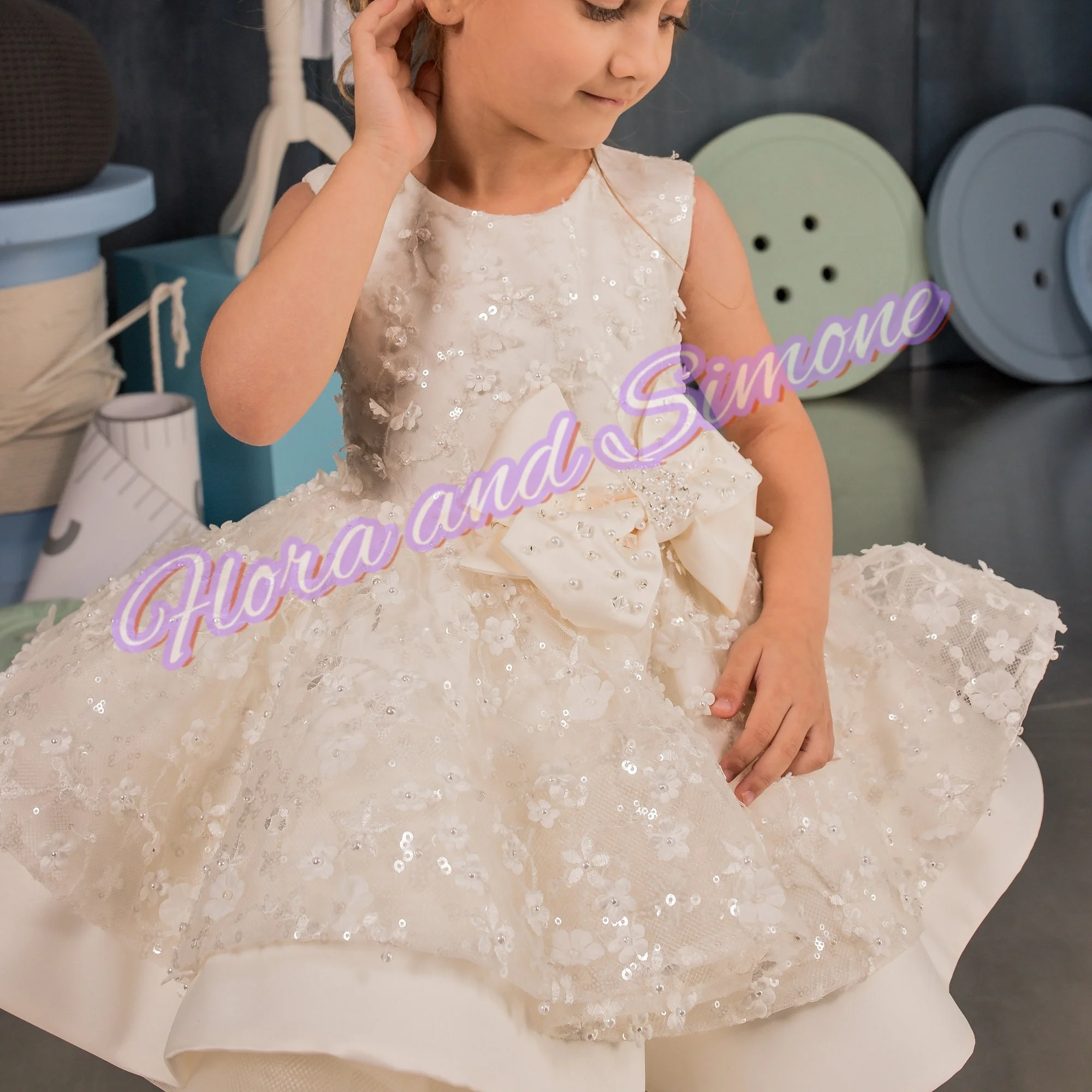 تخصيص أنيقة الترتر الديكور القوس تنورة الديكور زهرة فتاة فستان لحفل زفاف عيد ميلاد Vestidos ملابس الأطفال