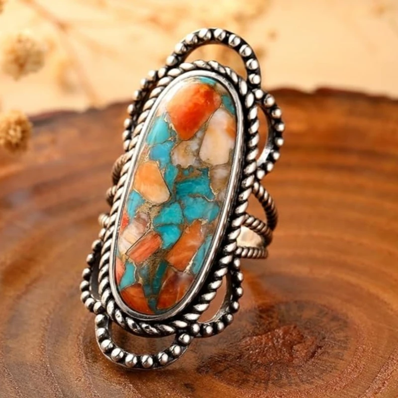 Vintage Ethnic Style Colorful Oval Patterned Women's Ring, Uniquely Designed for Women, Holiday Party Accessories, Jewelry