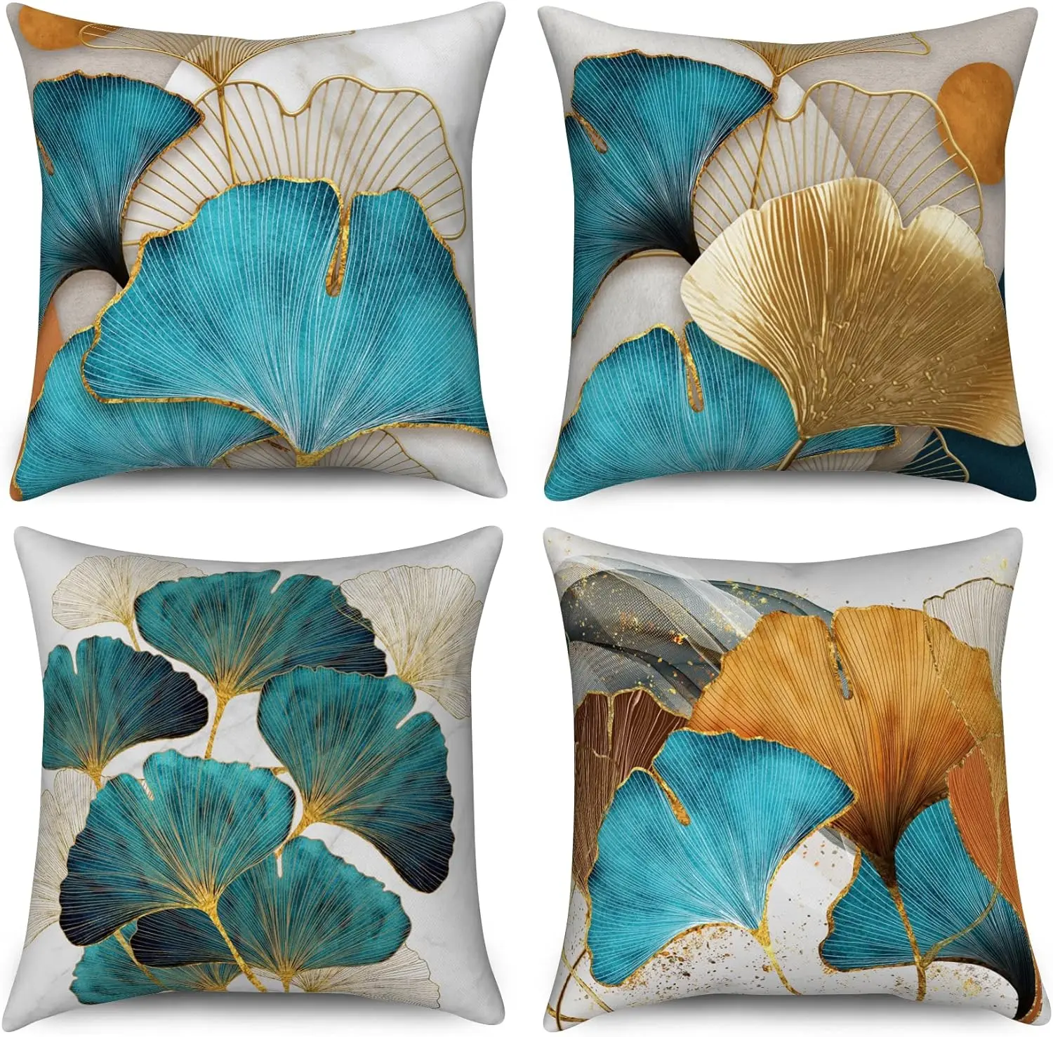 4pcs Teal Gold Ginkgo Leaf Printed Pillow Cover Polyester Cushion Case 2D Flat Printing Pillowcase Luxury Home Decor Art Style