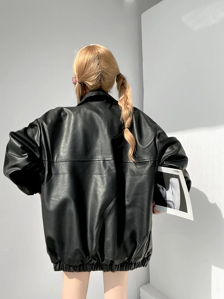 Bla American Retro Motorcycle Jaet المرأة الخريف الشتاء بولي معطف معطف جلد Sli الشارع الشهير معطف طويل بياقة Sve #4