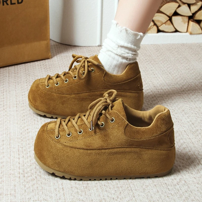

Women Flats Platform Shoes Suede Trend Sneakers 2025 Winter Casual New Loafers Casual Sport Shoes Walking Lace Up Zapatos Mujer