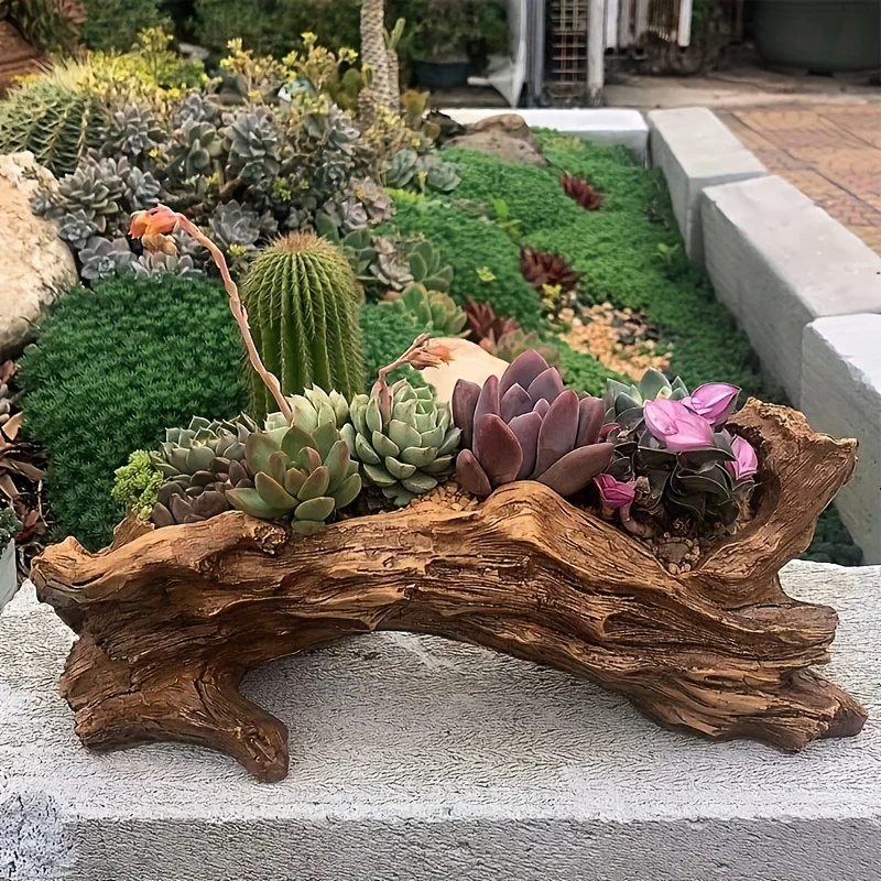Maceta única con forma de tronco de árbol retro, maceta para suculentas y flores para interiores y exteriores, contenedor de plantación para decoración de jardín y accesorios para herramientas
