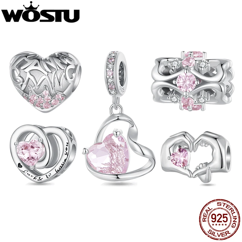 WOSTU 925 Sterling Silver Thanksgiving Pink Chams Waist Pendant Double Heart Beads Fit DIY Bracelet Necklace Jewelry Make Gift