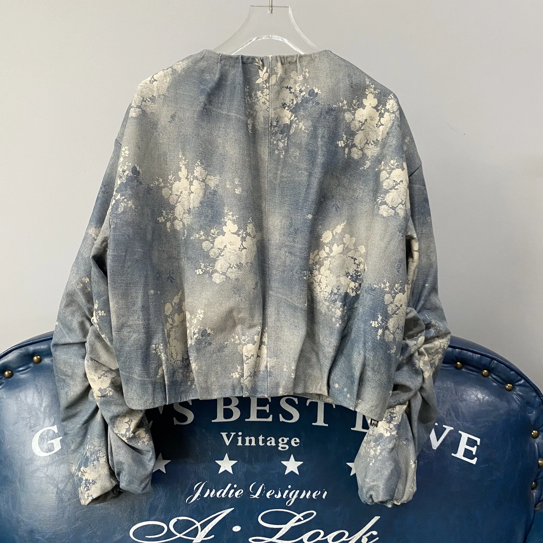 Retro Eepskin Denim Print Ort Loose Top Jaet Small Size Loose V-ne Ledermantel Street Sle Long Sve Reißverschluss