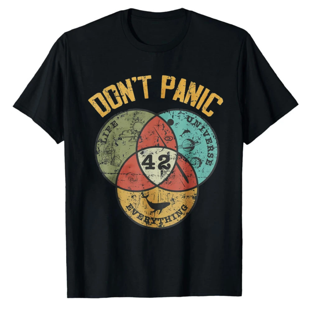 

42 Answer To Life The Universe and Everything Don't Panic T-Shirt Retro Distressed Hitchhikers Guide Galaxy Diagram Graphic Tee