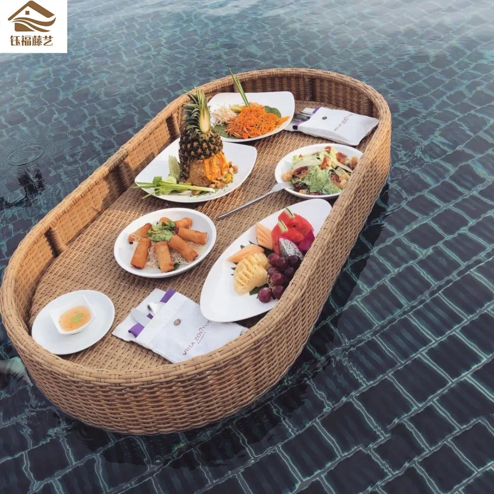 Waterproof Sun Resistant Floating Tray, Vietnamese Rattan Style Pool Breakfast Afternoon Tea Plate, Stable Floating Tray