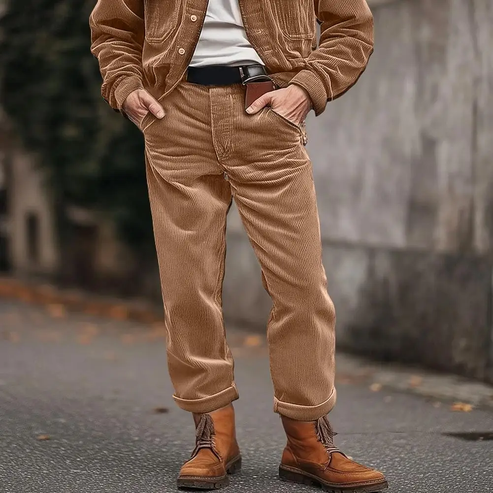 Men Corduroy Pants With Pockets Button Zipper Closure Solid Color Business Style Loose Mid Waist Casual Outdoor Trousers