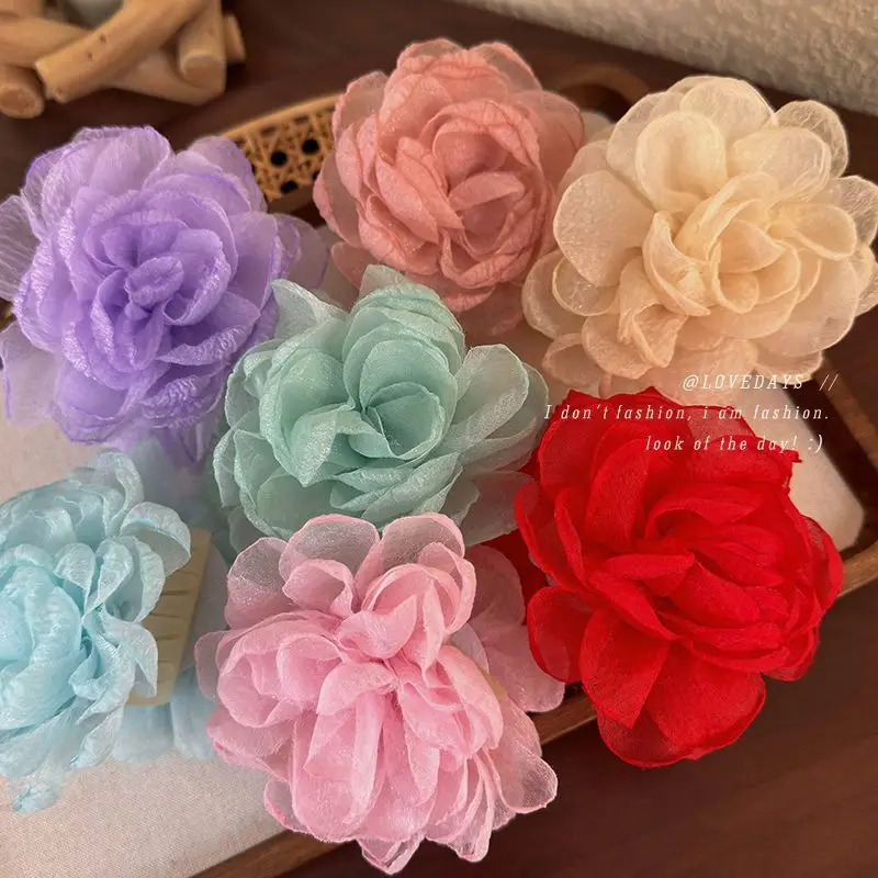 

Colorful Silk Gauze Rose Flower Hair Claw Clip 9cm for Women Beach Vacation Photography Prop Daily Party Use Soft Lightweight