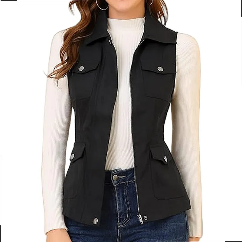 Women's Vest Sleeveless Zip Up Cardigan Solid Color Multi Pockets Spring Summer