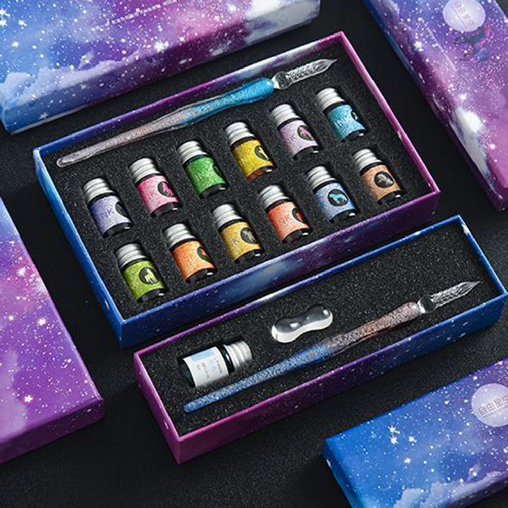 Caligrafia portátil Vidro Dip Pen Ink Set, DIY Marcadores Caneta, Presente De Aniversário