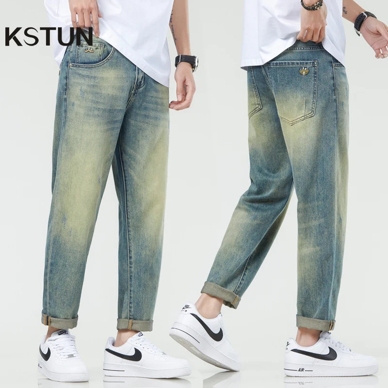 

Stretch Jeans Men Harem Pants Retro Blue Tapered 2024 Summer Ankle Length Streetwear Scratches Men's Clothing Cropped Jeans