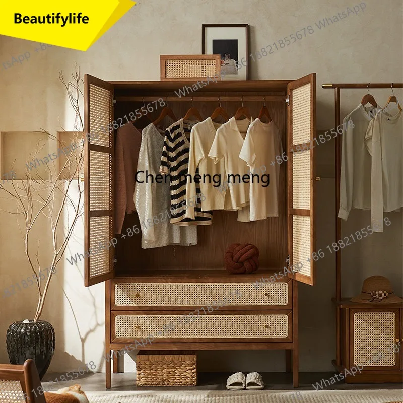 

01A Nordic solid wood rattan wardrobe storage locker retro cabinet B & B bedroom double door coat cabinet