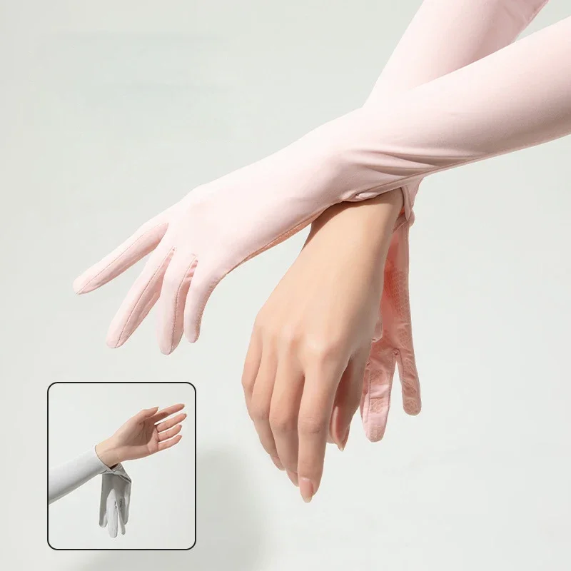 56.5 سنتيمتر المرأة الصيف الحرير الجليد واقية من الشمس UV حماية طويلة صدفي قفازات مرونة عدم الانزلاق التجفيف السريع UPF 50 + قابل للتعديل