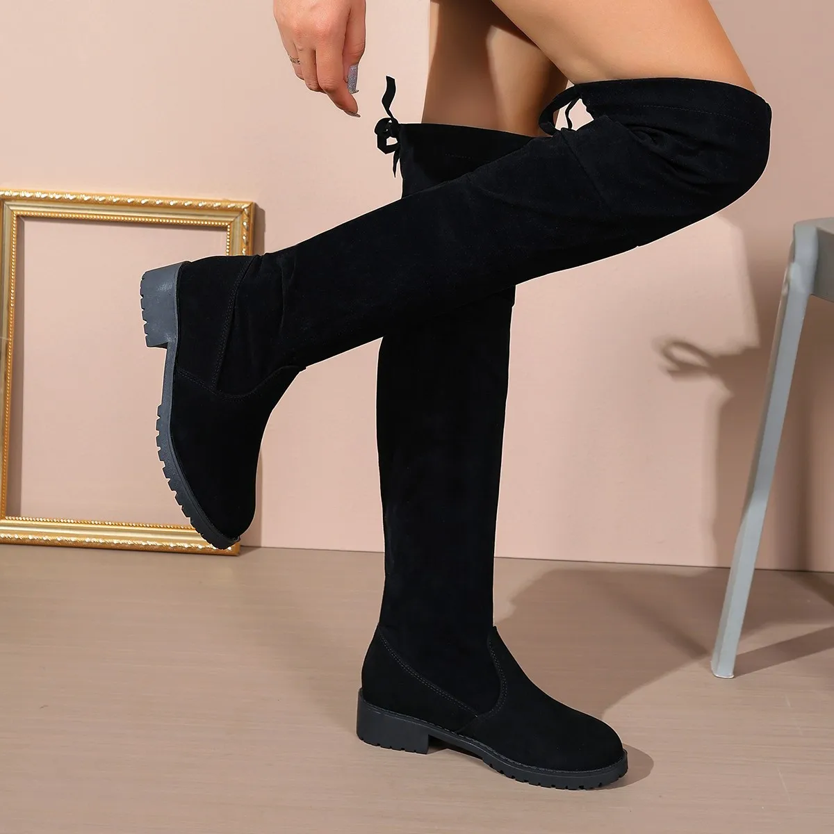 2026 Damen-Kniestiefel aus Kunstwildleder für Herbst und Winter, elastische Schnürstiefel, schwarze Botas – Detail 3