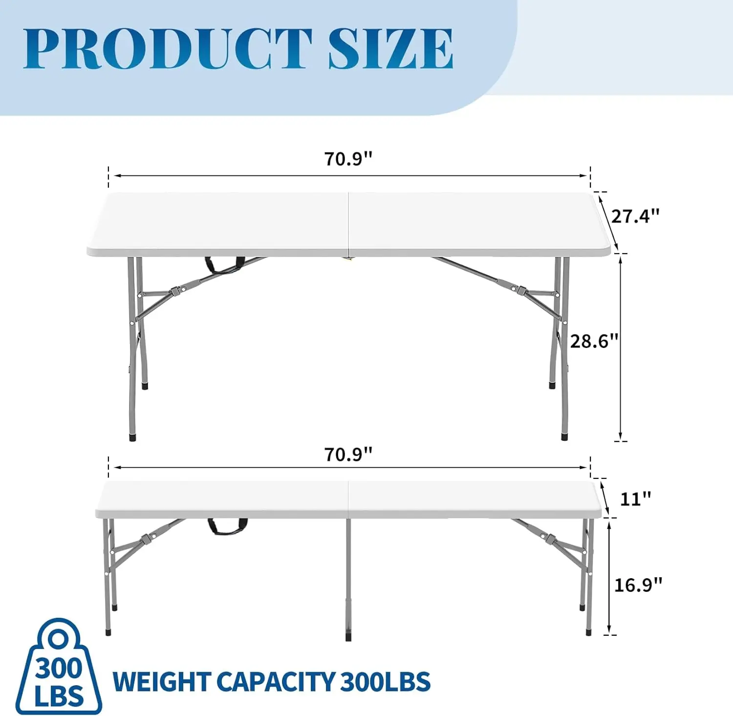 Table with 2 Benches, Outdoor Indoor Portable Folding Table for Working Meeting Parties, Camping, Picnic, Weddings w/Handle and