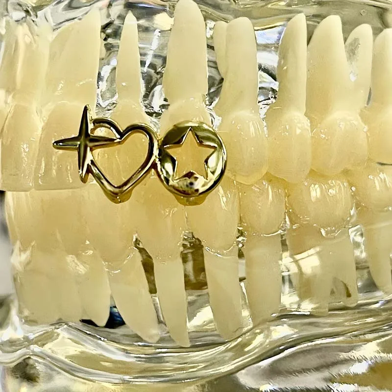 Punk Hip Hop Hollow Heart Teeth Caps for Women Men Vintage Silver Color Double Love Star Tooth Grills Couple Jewelry Accessories