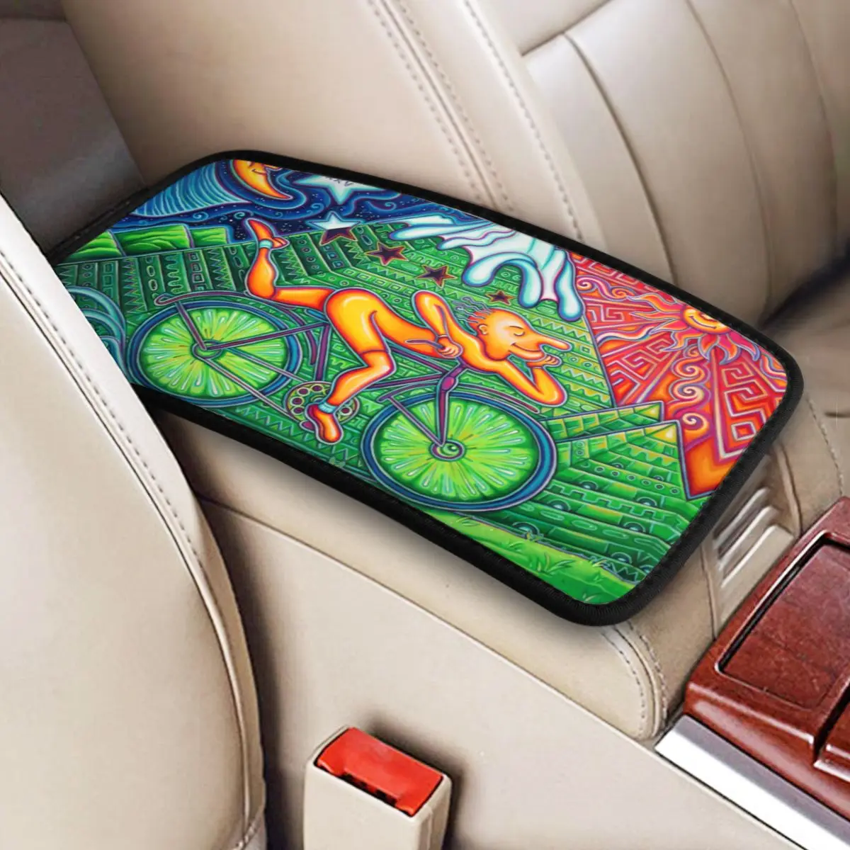 

Custom Car Armrest Cover Mat Albert Hoffman LSD Bicycle Day Car Center Console Protection Cover Mat nterior Cushion Storage Box