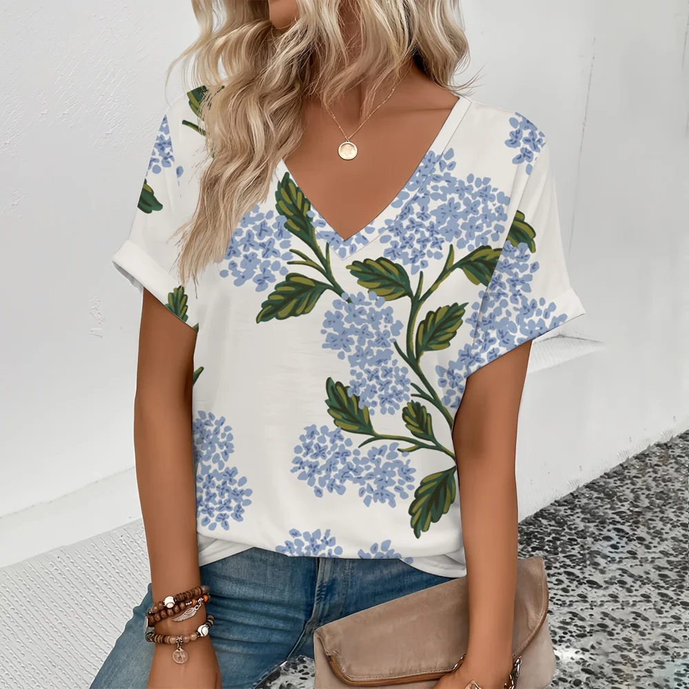 2024 Top Women Summer Women's V-neck T-Shirt Retro Floral Pattern Print T-Shirt Fashion Women's Leisure Short Sleeve T-Shirt