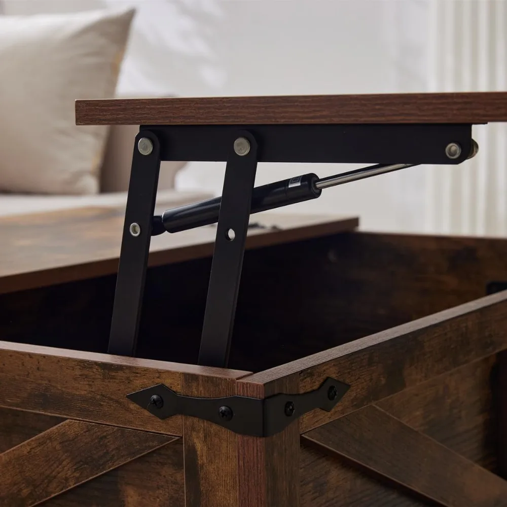 طاولة قهوة المزرعة مع مساحة تخزين مخفية كبيرة، طاولة مركزية خشبية مربعة ريفية مع سطح رفع مفصلي، حواف معدنية، بني