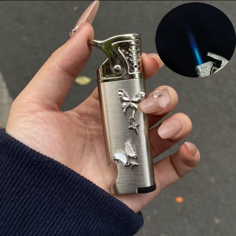 New Windproof Bottle Opener 2-in-1 Inflatable Lighter Personalized Handmade Metal Direct Charge Blue Flame Outdoor Lighter