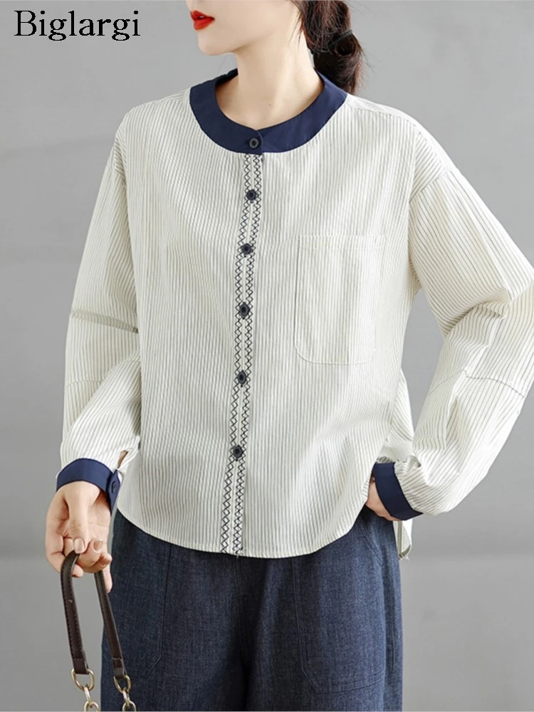 

Осенние рубашки большого размера, женские полосатые принты, модные нерегулярные лоскутные женские блузки с длинными рукавами, повседневные свободные женские рубашки