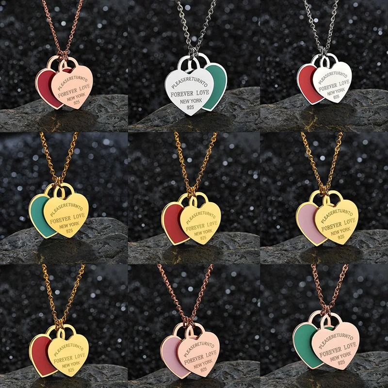 Charm Women Double Love Oil Drip Enamel Necklace Foever Love Fashion Stainless Steel Pendant Valentines Gift For Girls