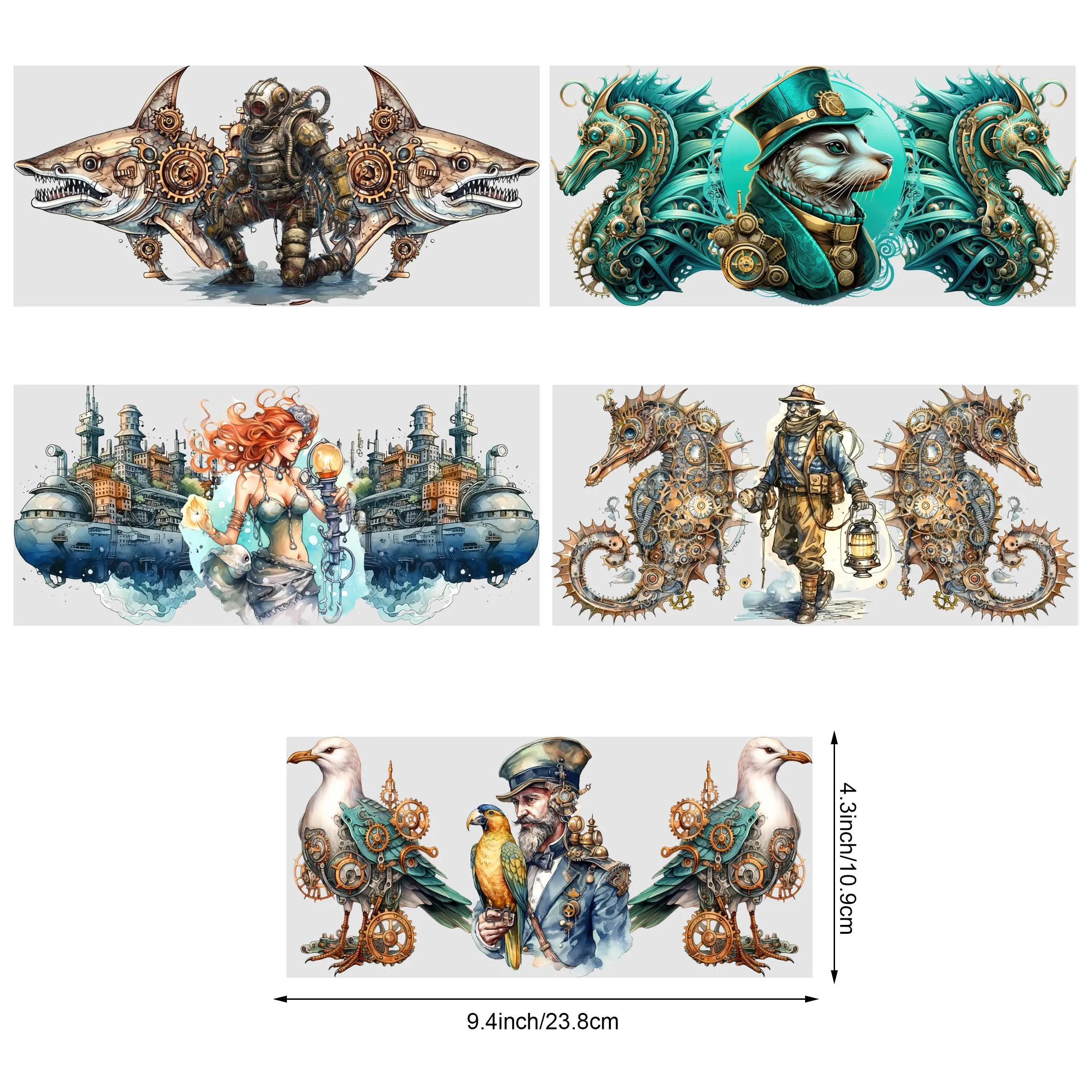 5 sheets Steampunk sea UV DTF cup holder 16 oz, DTF cup holder transfer glass, waterproof stickers, friction transfer stickers