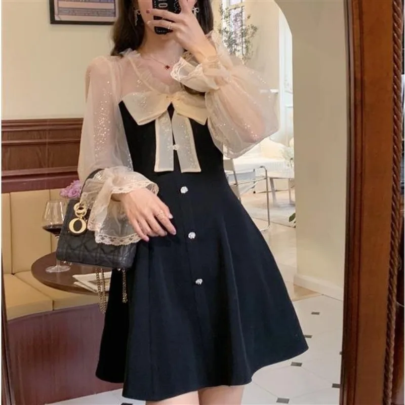 2024 Spring and Autumn New Round Neck Bow Spliced with Ruffle Edge Button Lace Flare Sleep High Waist Slim Long Sleeved Dress