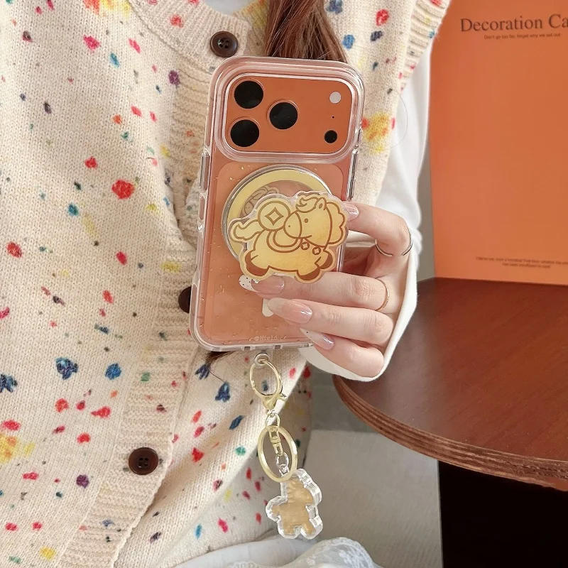 

Fashion Gold Sequins Horse Cute Magnetic Phone Case For iPhone 17 Pro 16 15 14 Pro Max Cover with Chain Shockproof Hard Cases Ca