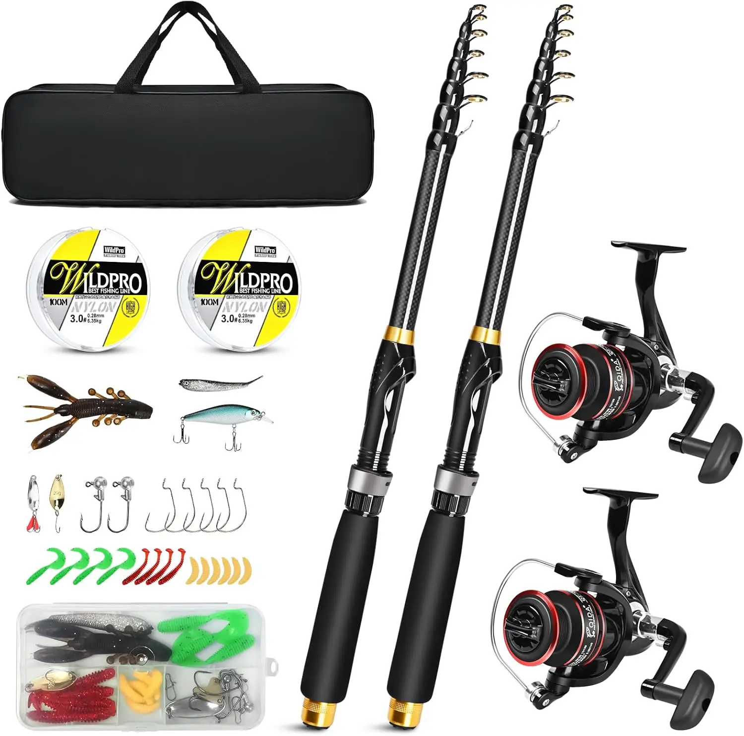 

6.9ft Telescopic Carbon Fiber Fishing Rod Combo with 2 Reels, Line, Hooks, and Carrier Bag