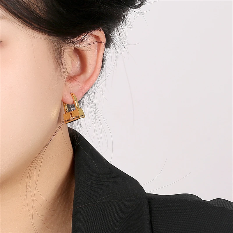 HUANQI 2022 Special Design Letter Gold Color Lock Small  Hoop Earrings for Women Girl BuckleParty Jewelry