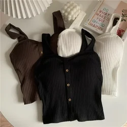 Women Summer Elastic Tank Top Crop Camisole Sleeveless T Shirt Spaghetti Vest Knitted Camis Female Vest Tops White Black