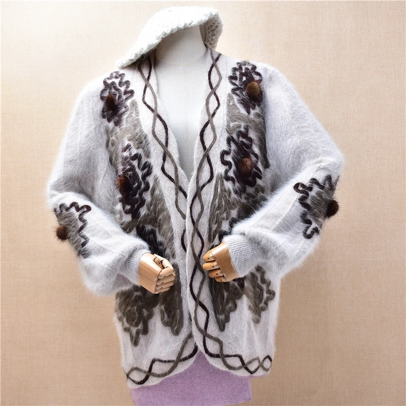 Women Mujer Autumn Winter Vintage Embroidery Beading Angora Rabbit Hair Knitted Long Lantern Sleeves Loose Cardigans Mantle Pull