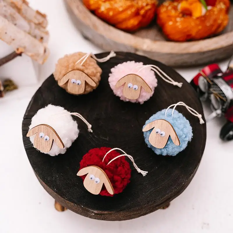 1 Stück kleines Schaf-Ornament, Weihnachtsbaumschmuck, Wolltier-Anhänger, handgefertigtes Holz-Accessoire für Zuhause, Weihnachten – Detail 3