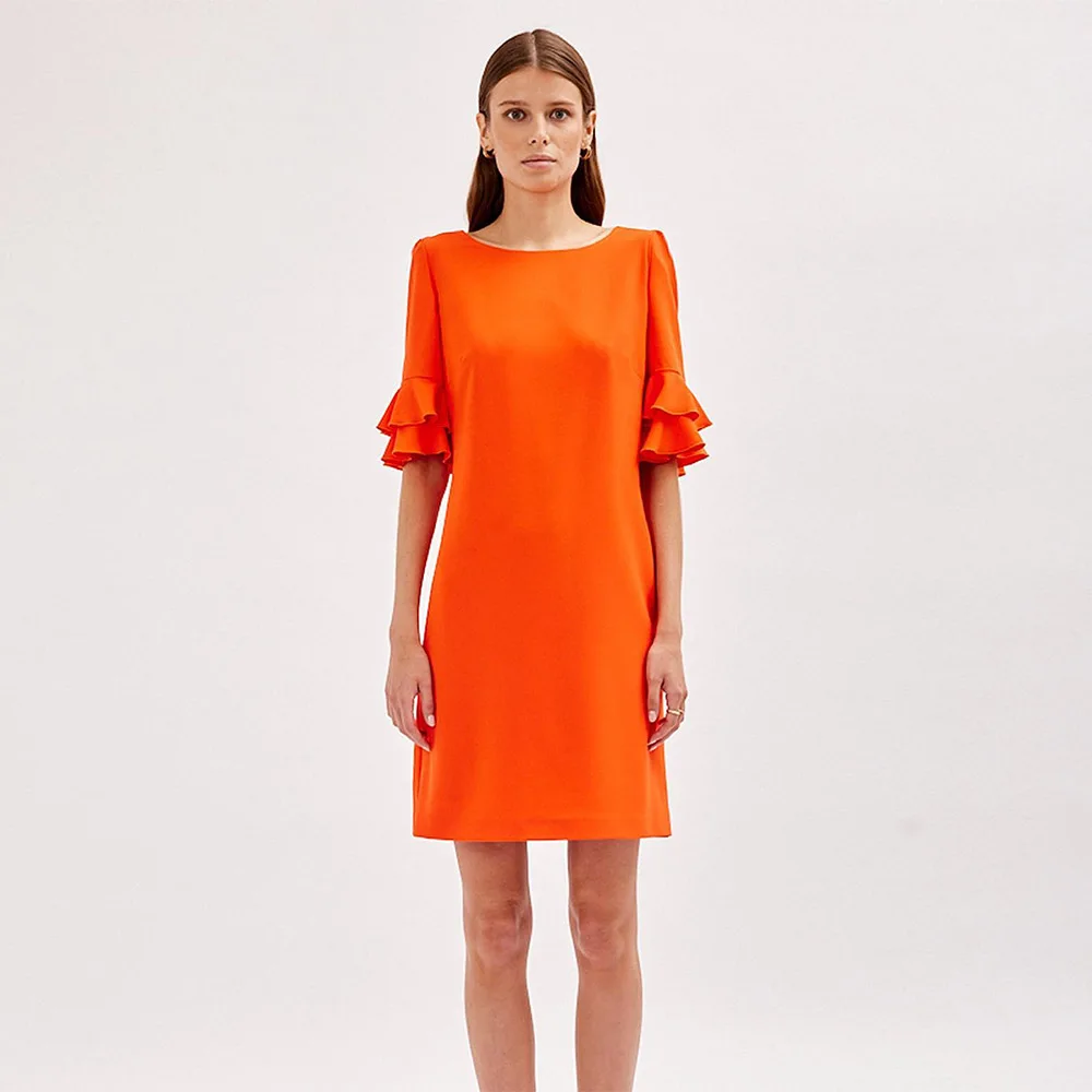 

Mini Cocktail Dresses for Women 2025 Scoop Tiered Ruffle Half Sleeves Column Cocktail Gowns Short Orange Formal Party Dress