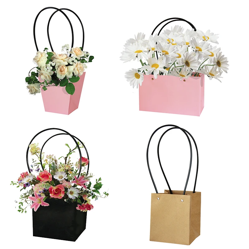 Portable Flower Boxes Waterproof Kraft Paper Bouquet Box with Handles Wedding Rose Party Gift Box Wedding Birthday Party Decors