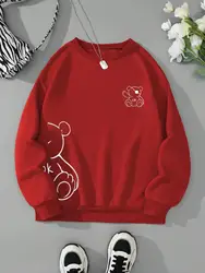 Kawaii OK Teddy bear Printing Sweatshirts For Women Classic Retro Fashion Hoodies Fleece Warm Casual Clothes Loose Sportswear