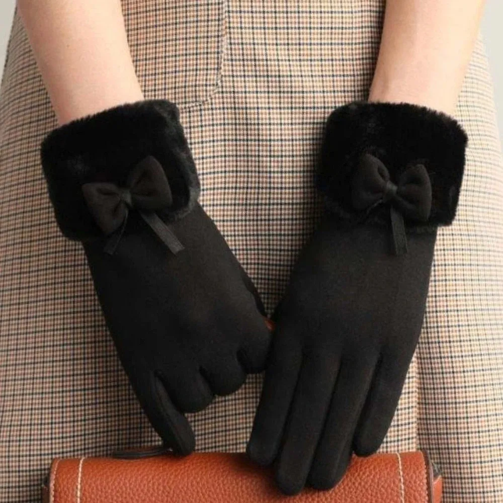 

For Gift Plush Women Anti-cold Gloves Soft Bow Thickened Suede Gloves Warmer Solid Color Windproof Finger Mittens Cycling